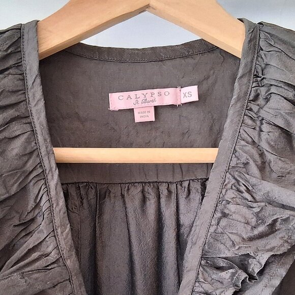 Calypso St Barth Gray Silk Wrap Dress Midi Fit & Flare Ruffle Collar Cap Sleeve - Picture 8 of 9